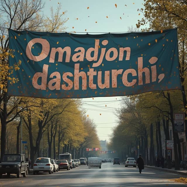 " Omadjon dasturchi " is banner text in Tashkent city