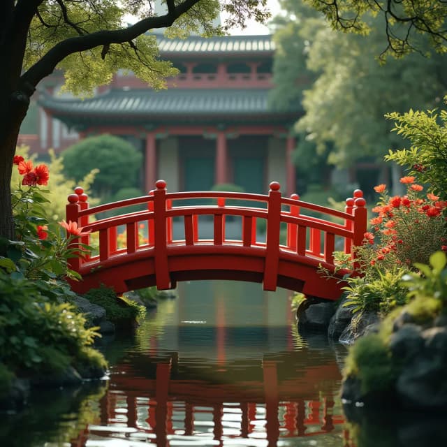 Capture a serene scene of a red wooden bridge arching gracefully over a tranquil pond, surrounded by lush greenery and vibrant flowers. In the background, a traditional building with ornate architectural details is partially visible. The surface of the water reflects the bridge and foliage, creating a harmonious blend of nature and architecture. Emphasize the peaceful atmosphere and the soft natural light.