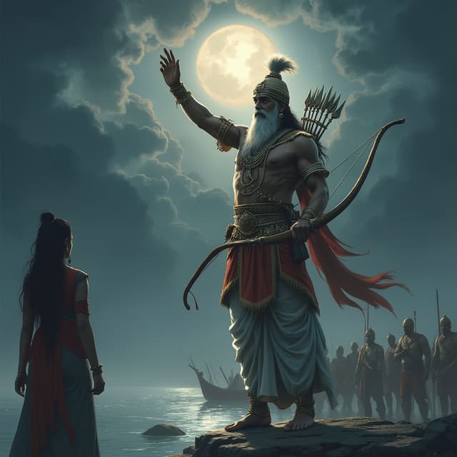 Shot Type: Medium shot of Bhishma standing tall, with a low-angle view to emphasize his grandeur.
Position & Subject: Bhishma, in full royal armor, holding a bow in one hand, and raising his other hand to take the vow. He stands on the banks of the Ganga, with the river shimmering in the moonlight.
Theme: A solemn and heroic theme. Dark clouds swirl in the sky, hinting at the gravity of his vow.
Lighting: A soft moonlit glow surrounds Bhishma, creating a halo effect. Shadows add depth and a sense of foreboding.
Details: Include a background with soldiers and a faint silhouette of Ganga Devi observing from afar.