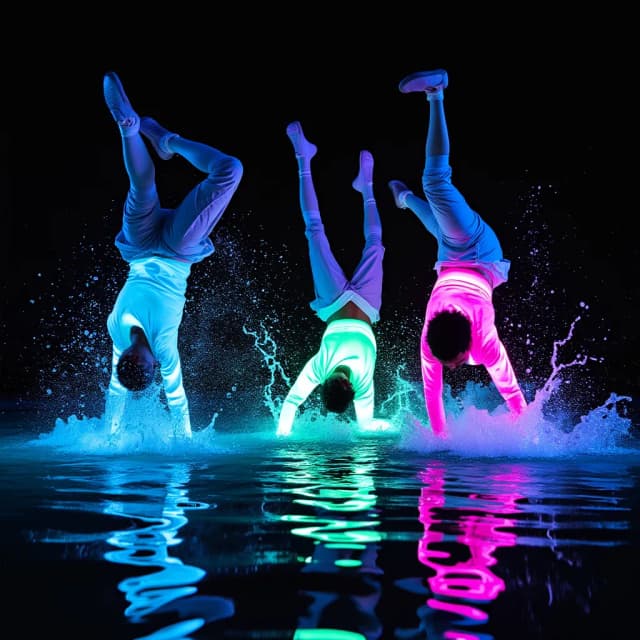 Break dancers in dynamic poses, water splashes, wearing glowing neon clothes that pulse with vibrant colors like electric blue, neon green, and hot pink. The dancers are frozen in mid-movement, performing impressive spins, flips, and freezes against a black background. Beneath them, the floor is a reflective, rippling surface of water, mirroring their glowing forms and exaggerated movements. The neon lights from their clothes cast soft, colorful reflections on the water, creating a striking contrast with the dark surroundings. The scene feels electric and energetic, with every ripple in the water adding to the sense of motion and rhythm.