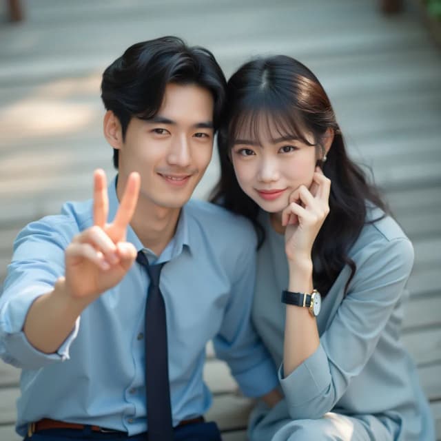 Raw photography 4D, extremely detailed and realistic, A close-up, slightly impressionistic portrait of a young man and beautiful woman. The Asian handsome man, with dark hair and a light blue button-down shirt and dark tie, is on the left, and appears to be making a love sign with their left hand. He has a pleasant expression. The woman, with dark hair and a light gray/blue long-sleeved top and pants, is seated next to him. She has a delicate expression and is resting her right hand on her chin, while wearing a watch. Both are looking at the camera. The setting appears to be outdoors, on a lightly shaded wooden deck or patio. Soft, diffused daylight illuminates the scene, creating a warm, slightly pastel aesthetic. The background is out-of-focus, slightly blurred, and a pastel blue-grey. The image has a gentle, romantic feel. The focus is on the subjects' faces and the interaction between them.