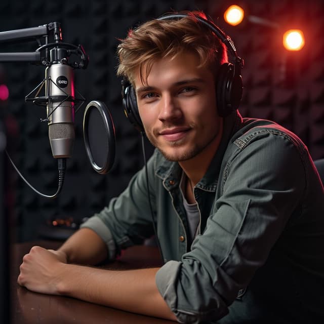A USA hot Young man that can Podcast in a studio there background was dark but having some different key light in there studio