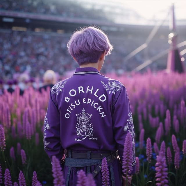 Purple ocean kings bts
Giving their back to the screen. Purple pic, authestic purple, purple ocean kings written on it 
Wild flower band written on it