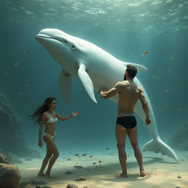 Action: "Create a realistic and emotionally scene, where the man has gone far, and the girl is playing with the whale. "
Girl Structure: "hot girl in white bikini, beautiful body structure."
Whale Structure: "beluga whale with a muscular body, a large, bulbous melon on its forehead, and a flexible neck. Instead of a dorsal fin, it has a ridge running down its back. Its thick blubber layer is up to 5 inches thick, and its skin is smooth and white."
Man Structure: "white skin, wearing black underwear, bearded face, handsome"
Environment: "There is sand and some stones on the ground, and small fish are swimming behind them. under water realistic-photo"