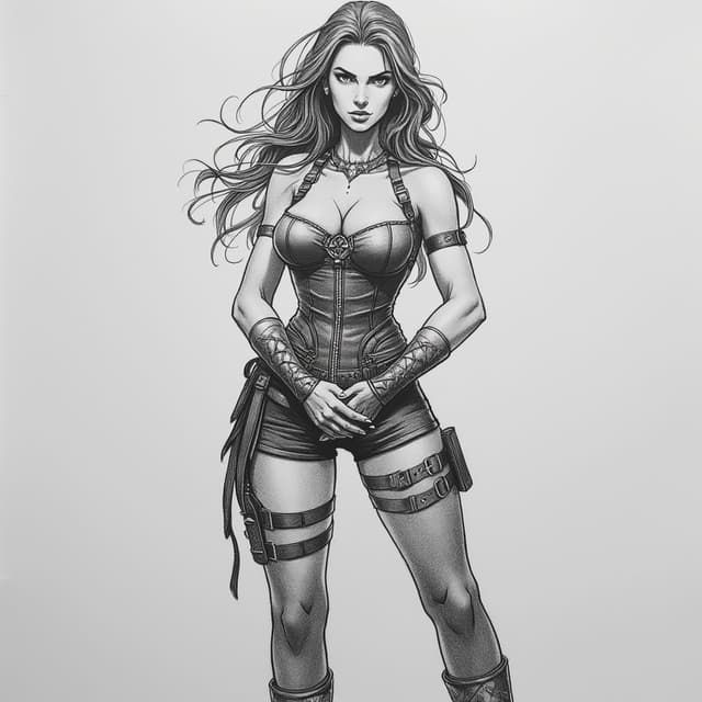 The image is a black and white pencil sketch of a female warrior, full body with shoes. She is standing with her body slightly turned to the side, with her hands clasped in front of her. She has long, flowing hair that is styled in loose waves and is wearing a corset-like outfit with a high neckline and straps. The outfit appears to be made of leather and has multiple pockets and straps on the sides. The woman has a fierce expression on her face and is looking directly at the camera.