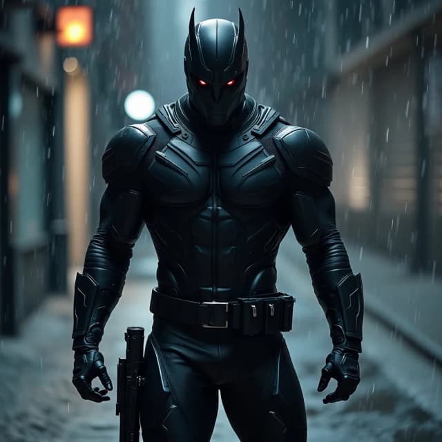 A figure stands sharp and focused, eyes piercing the night like an owl's, radiating intensity and resolve. He wears a sleek, shadow-black costume reminiscent of the character Black Shadow from *J.I. Jones*, a perfect fusion of stealth and power. His suit hugs his form with a tactical precision, dark armor plating gleaming subtly under the moonlight. Around him, the world seems to blur into shadows, yet his movements are precise, fluid, and calculated. He exudes a sense of control, ready to strike, with every detail of his attire whispering danger and stealth, poised on the razor's edge between predator and protector.