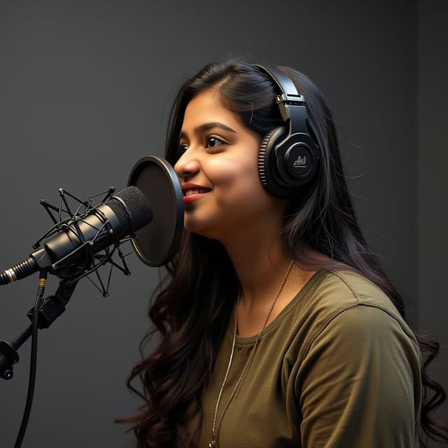 A Young chubby 20 yo telugu girl that can recorded a Podcast in studio like speaking on mic and also there background dark gray but having some different key light in there studio, olive kurthi, she has long hair,  (give me its side pose)