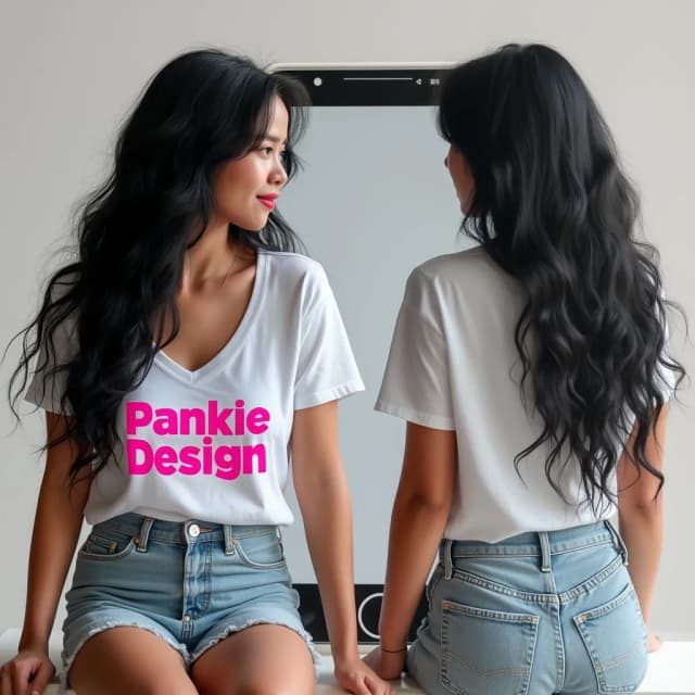 Different view of a woman with long wavy black hair, a white short-sleeved v-neck t-shirt with the bold pink letters "PankieDesign" and denim shorts. She sits in front of an oversized smartphone screen. She is a digital online media creative designer.