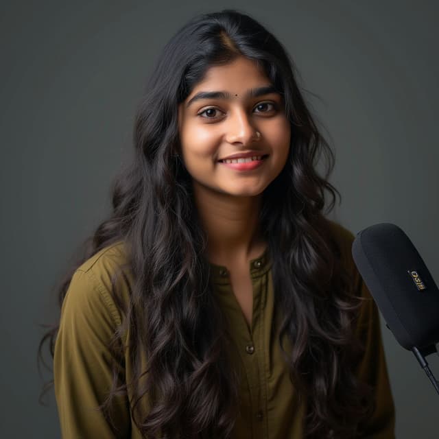 A Young telugu girl age 20 that can recorded a Podcast in studio like speaking on mic and also there background dark gray but having some different key light in there studio, olive kurthi, she has long hair,  (give me its side pose)