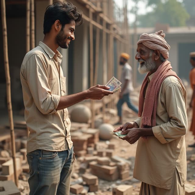 A highly realistic and detailed image of a young Indian man, aged 25-30, dressed in a casual shirt and jeans. He is holding a small bundle of Indian currency notes in one hand and extending them toward an older construction worker in traditional Indian attire, such as a loose kurta and a scarf tied around his head. The older worker is reaching out with a hand to accept the money, standing humbly with a warm smile. The background shows an active Indian construction site with scaffolding, tools, and workers in the distance carrying bricks and cement. The Indian currency notes are accurately sized and proportioned, visible but not exaggerated. The scene is bathed in natural sunlight, creating a warm and authentic ambiance, emphasizing the connection between the two individuals and the hardworking environment. Ensure no deformities in hands, faces, or objects, and maintain photorealistic quality