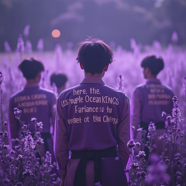 Purple ocean kings bts
Giving their back to the screen. Purple pic, authestic purple, purple ocean kings written on it 
Wild flower band written on it