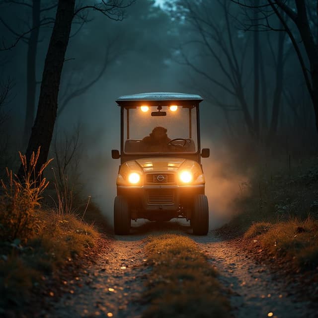headlight illuminating the dark dirt road ahead as the cart moves forward
