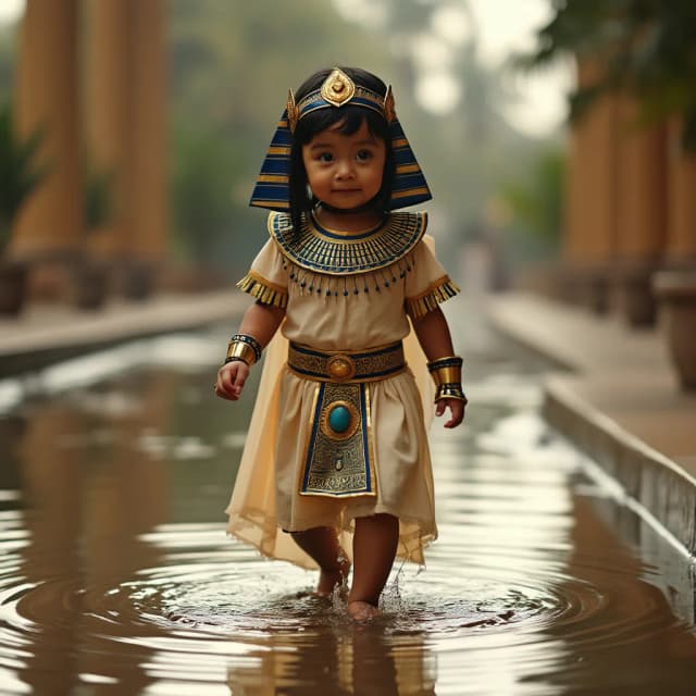 a baby dressed in an egyptian costume walking across a puddle of water, Lily Delissa Joseph, pixabay contest winner, egyptian princess, pharaoh clothes, wearing an egyptian crown, beautiful cleopatra, exotic costumes, princess 'kida' kidagakash