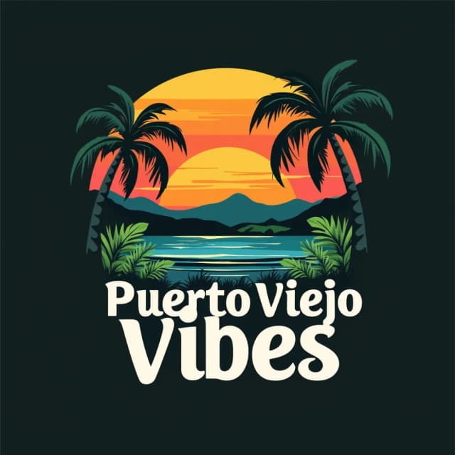 Create a modern and vibrant tropical logo that captures the essence of "Puerto Viejo Vibes" brand.
The design features a sunset over the ocean, with warm gradients of orange and yellow blending into the sky.
In the foreground, a silhouette of a gently curving palm tree frames the scene, adding depth. 
Cool blues and teals form the ocean waves, while distant hills are shaded with lush, deep greens.
The typography should be clean, complementing the smooth curves of the landscape and natural elements. Use a black background to provide contrast and make the bright, tropical colors pop, evoking a lively beach atmosphere with an artistic touch.
The logotype words are: 'Puerto Viejo Vibes' in one single line, without any other text before, after, above or below.