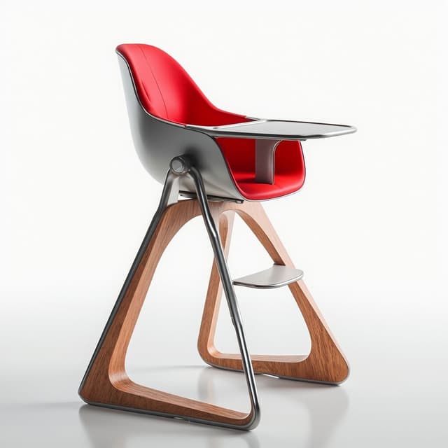 Here's an image prompt applying a wooden texture to the legs of the high chair:
"Contemporary High Chair Concept - A sleek, minimalist high chair featuring a vibrant red seat and backrest. The design is supported by a sturdy silver metal frame with a unique triangular base, now adorned with a warm wooden texture. Set against a clean white background, this futuristic piece of baby furniture seamlessly blends functionality with modern aesthetics, creating a striking visual contrast while highlighting the elegant simplicity of its geometric forms and adding a touch of natural warmth to its industrial design."