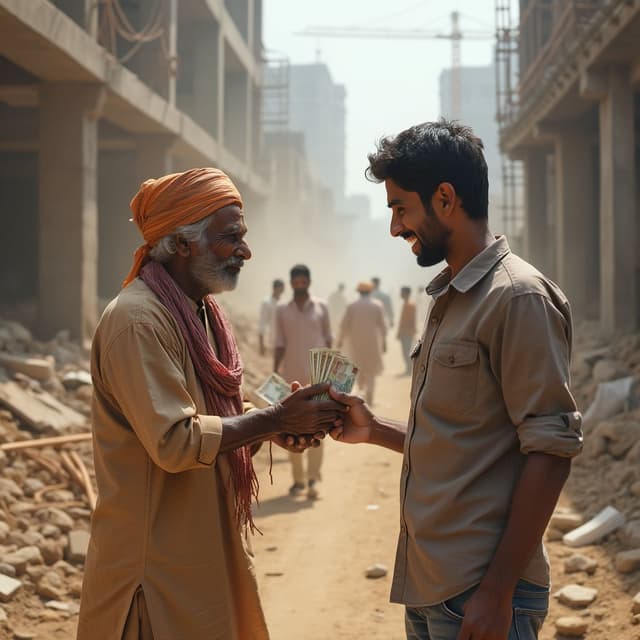 A realistic and lifelike image of a young adult wearing a casual shirt and jeans, holding a bundle of Indian currency notes while paying daily wages to a construction worker in frendly manner. The construction worker, an middel aged man in traditional attire such as a loose kurta and scarf around his head, accepts the money with a humble expression. The background depicts an active construction site, with workers carrying materials, scaffolding, and partially constructed buildings. The setting reflects a typical Indian construction site with earthy tones, dust in the air, and sunlight filtering through the scene. The mood captures a moment of gratitude and hard work, emphasizing the authenticity and simplicity of daily life at a construction site ratio 9:16