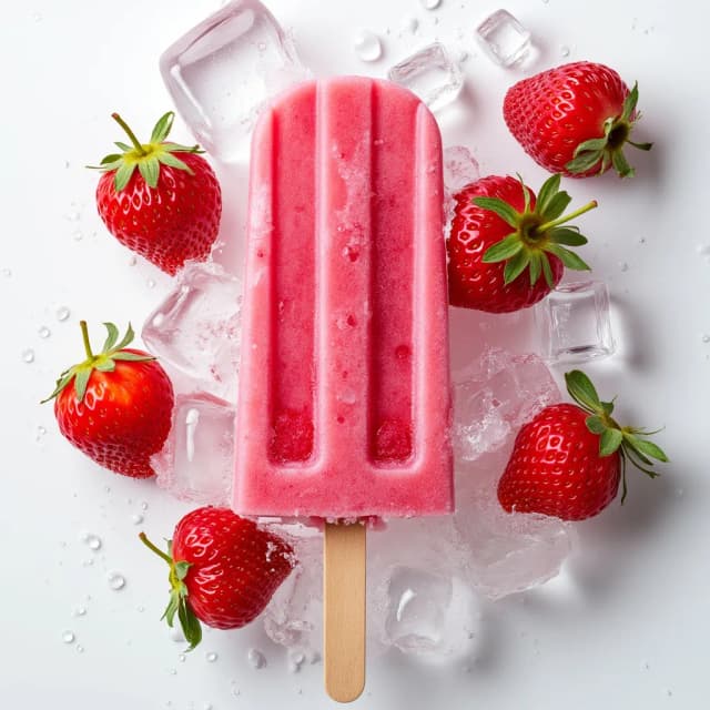 The image shows a pink popsicle with fresh strawberries on a wooden stick. The popsicle is in the center of the image and is filled with ice cubes. The strawberries are scattered around the popsicle, with some of them overlapping each other. The background is white, and there are splashes of water around the strawberry and ice cubes, creating a splash effect. The overall color scheme is bright and vibrant, with the red of the strawberry standing out against the white background.
