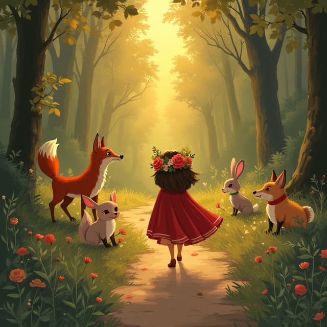 Ruby, with a crown of fresh flowers on her head, walks through the forest path on her way home. Animals she helped earlier, like the fox and the rabbit, wave at her cheerfully from the sidelines. Her red cape flows behind her as the golden evening light filters through the trees, creating a magical, storybook-like atmosphere. 16/9