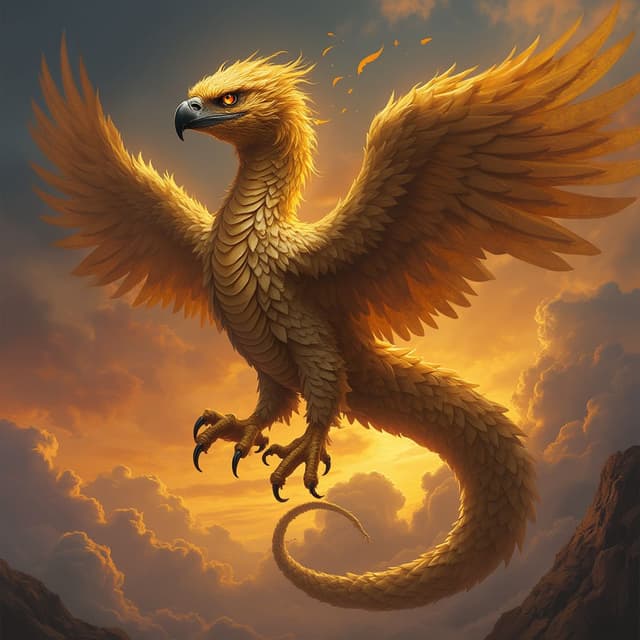 A mythical hybrid of an eagle and a serpent, called the 'Skyfang.' This creature has the body of a snake, covered in golden feathers that shimmer like sunlight, with massive eagle wings extending from its sides. Its head is an intricate blend of a serpent's sharp fangs and an eagle’s fierce beak, with glowing amber eyes that pierce through the skies. The Skyfang coils in mid-air, its powerful wings stirring up a whirlwind. The background is a fiery sunset with storm clouds swirling, symbolizing the union of air and earth into a strange and majestic being.