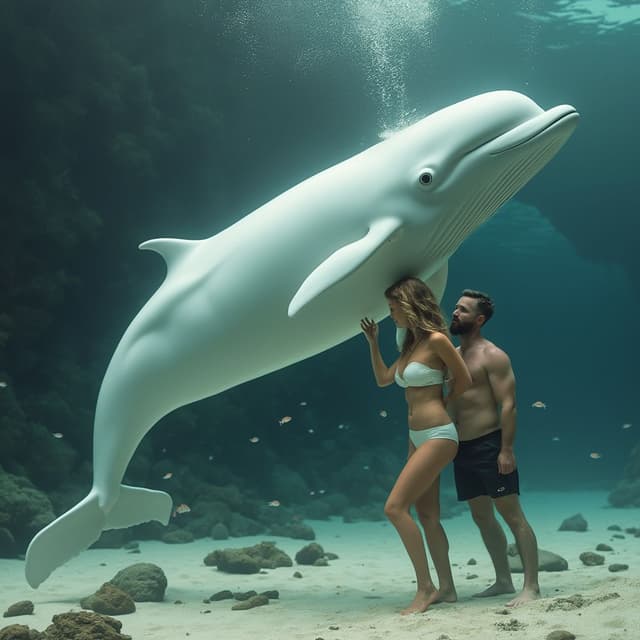 Action: "Create a realistic and emotionally scene, where the man has gone far, and the girl is playing with the whale. "
Girl Structure: "hot girl in white bikini, beautiful body structure."
Whale Structure: "beluga whale with a muscular body, a large, bulbous melon on its forehead, and a flexible neck. Instead of a dorsal fin, it has a ridge running down its back. Its thick blubber layer is up to 5 inches thick, and its skin is smooth and white."
Man Structure: "white skin, wearing black underwear, bearded face, handsome" 
Environment: "There is sand and some stones on the ground, and small fish are swimming behind them. under water realistic-photo"