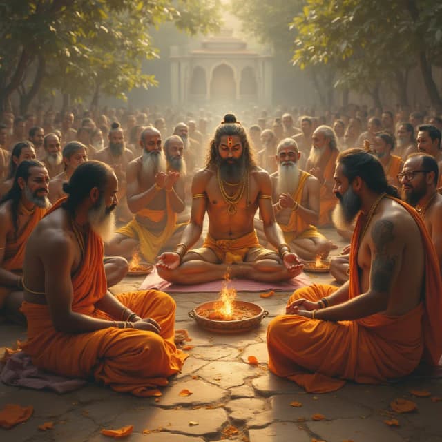(Visual: Hanuman interrupts the meditations of great Rishis, playfully tugging at their beards and disturbing their Yagnas.)