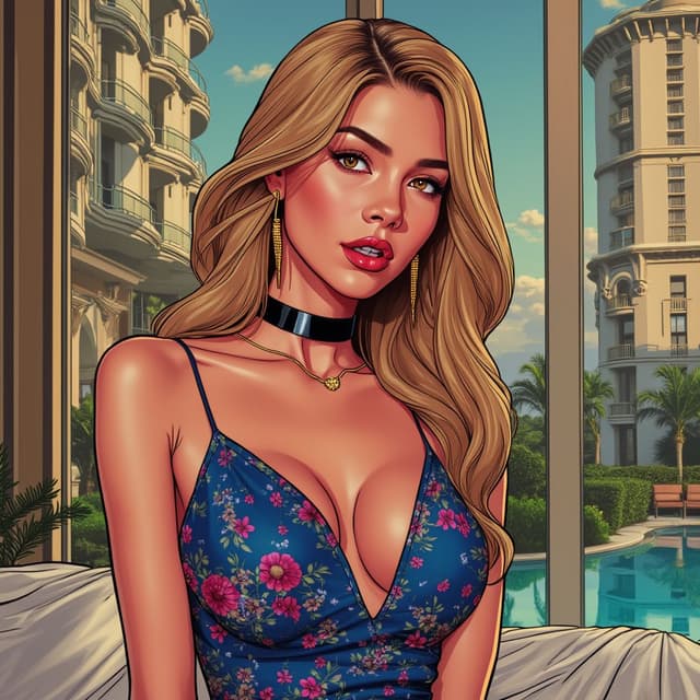 comic art illustration style vibrant colors portrait image, Imagine a Caucasian girl is wearing Indigo floral deep neck busty dress and choker necklace, against a luxury hotel background and is having a seductive vibe.