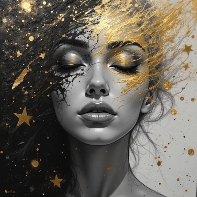 perfect and detailed realistic image representing emotions, hd, half black and white and half color of a painting made with confused gold and silver brush strokes, artistic style effect and mystical effects around her. Acrylic style background