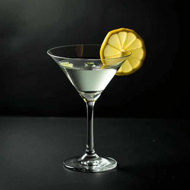 The image is a photograph of a martini glass with a slice of lemon on the rim. The glass is made of clear glass and is placed on a black surface. The background is also black, making the glass and lemon stand out. The lemon slice is placed in the center of the glass, adding a pop of color to the image. The overall mood of the image is elegant and sophisticated.