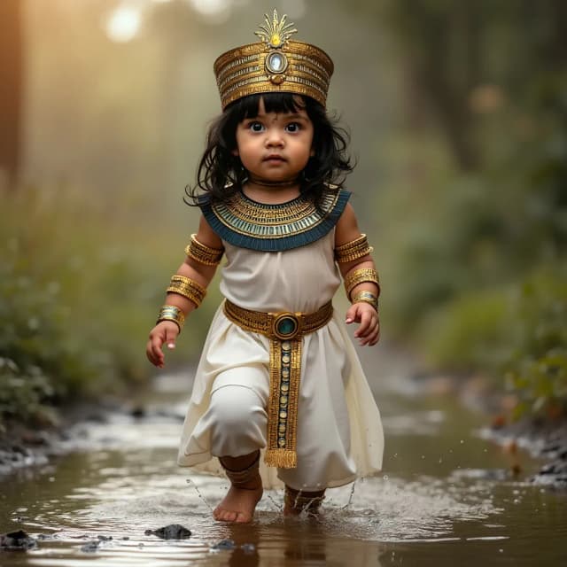 a baby dressed in an egyptian costume walking across a puddle of water, Lily Delissa Joseph, pixabay contest winner, egyptian princess, pharaoh clothes, wearing an egyptian crown, beautiful cleopatra, exotic costumes, princess 'kida' kidagakash