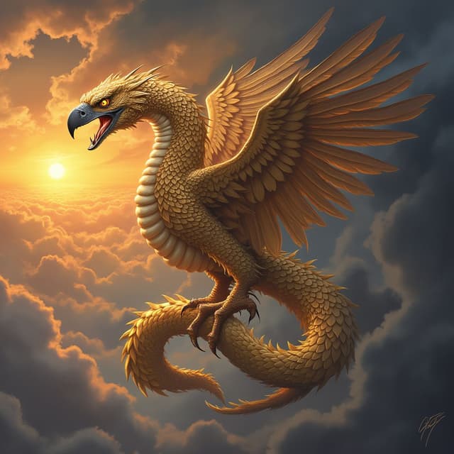 A mythical hybrid of an eagle and a serpent, called the 'Skyfang.' This creature has the body of a snake, covered in golden feathers that shimmer like sunlight, with massive eagle wings extending from its sides. Its head is an intricate blend of a serpent's sharp fangs and an eagle’s fierce beak, with glowing amber eyes that pierce through the skies. The Skyfang coils in mid-air, its powerful wings stirring up a whirlwind. The background is a fiery sunset with storm clouds swirling, symbolizing the union of air and earth into a strange and majestic being.