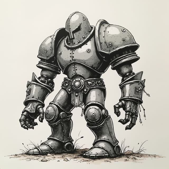 crea a un golem plateado,con cabeza de great helm molesto con brazos largos que llegan al suelo, con una pose dinamica de pelea, estilo de dibujo en tinta, simple, visto en cotra picado