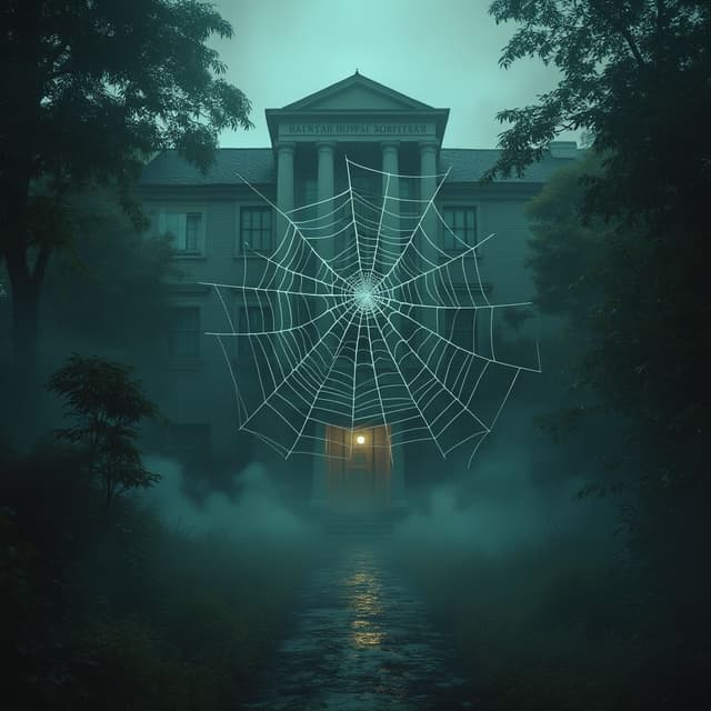 An indian haunted hospital cover with lots spider web which makes it look haunted in a centre cover with fog and lots entities in dark and eerie enviorment in 16:9 format