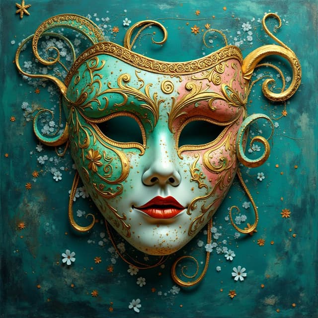 A beautifully crafted theater mask, intricately designed with swirling patterns and vibrant details, Vincent Van Gogh, acrylic, Dreamy haze, Mint Green, aerial, high detail,