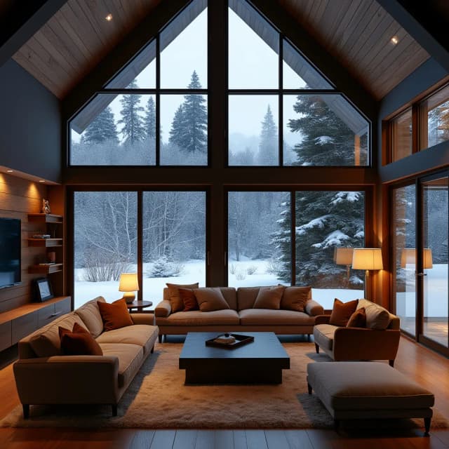 Living room
A double-height ceiling living room with a large, floor-to-ceiling window on one side log cabin. Outside is a dark snow-covered landscape. The living area is furnished with plush, contemporary sofas and chairs in neutral tones, grouped around a low, central coffee table. The room's color palette is composed of dark brown and warm tones, with the soft lighting from various lamps adding a cozy ambiance.