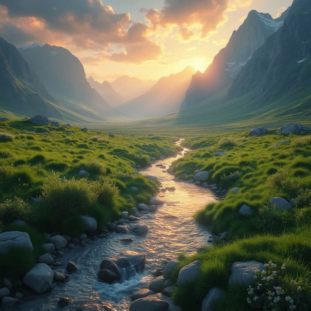 photorealistic landscape, (lush green valley), crystal-clear stream, winding through vibrant grass, majestic rocky mountains, dramatic sunset sky, soft warm light illuminating, detailed and atmospheric, tranquility and majesty, breathtaking natural beauty, (ultra-high resolution), HD quality, cinematic colors, golden hues, shadows play over terrain, serene ambiance.
photorealistic landscape, (breathtaking) lush green valley, crystal-clear stream, winding through vibrant grass, surrounded by (majestic) rocky mountains, under a (dramatic) sunset sky, soft warm light illuminating the scene, detailed textures, (atmospheric) ambiance, ultra-high resolution, (cinematic) color tones, serene and tranquil mood, nature’s beauty, peaceful setting.
photorealistic landscape, (breathtaking) lush green valley, crystal-clear stream, winding through vibrant grass, surrounded by (majestic) rocky mountains, under a (dramatic) sunset sky, soft warm light illuminating the scene, detailed textures, (atmospheric) ambiance, ultra-high resolution, (cinematic) color tones, serene and tranquil mood, nature’s beauty, peaceful setting.
photorealistic landscape, (lush green valley), crystal-clear stream, vibrant grass, majestic rocky mountains, (dramtically lit sunset sky), soft warm light, detailed textures, atmospheric ambiance, idyllic scenery, nature's serenity, ultra-high resolution, breathtaking views, lively colors, tranquil setting