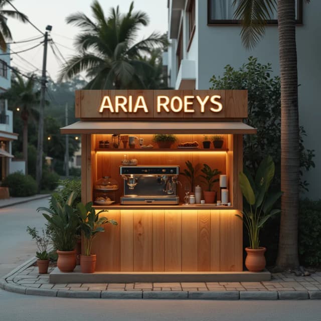 Raw photography 4D, extremely detailed, A small, wooden coffee stand sign elegant big text "ARIA ROEYS", situated on a village street corner. The stand has a simple, modern, futuristic, light-brown wooden facade, with a countertop displaying coffee brewing equipment and pastries. Inside the stand, a coffee machine and display case are visible, along with a few plants in terracotta pots. Soft, warm lighting illuminates the stand, casting a gentle glow on the items inside. The street is paved, and surrounding buildings have light-colored exteriors. Green coconut trees and bushes line the street. The image is taken at dusk or dawn, with a calm and tranquil atmosphere. The composition is centered on the coffee stand, with the surrounding street and buildings acting as a backdrop. The perspective is slightly elevated, looking down at the coffee stand. The colors are muted and natural, with shades of brown, beige, gray, and muted greens. The overall style is rustic and inviting.