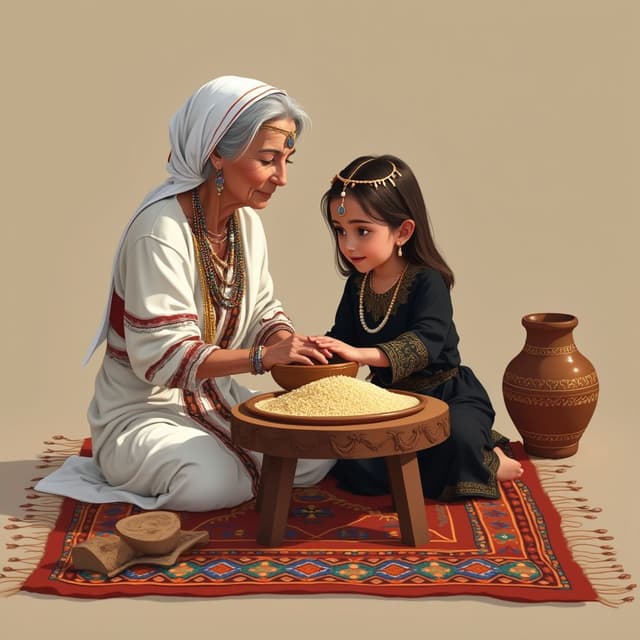 Design a realistic vector art illustration of a slightly smiling traditional Amazigh grandmother and her 10 years old smiling granddaughter sitting on the ground, making couscous together. The grandmother, wearing white Amazigh clothing with red and orange and green and blue details and many traditional Amazigh jewelry on her forehead and on her wrists and with grey hair with nothing covering her grey hair, is actively preparing couscous with her hands in a single very big flat and ancient simplified wooden container with amazigh details all around the container on a round brown traditional wooden table with three short legs and a white big napkin on it falling from the sides of the table and a big amazigh traditional colorful rectangular carpet. Beside her, very close to her, her dark brown hair granddaughter dressed in a traditional amazigh black clothes with intricate golden details and light Amazigh jewelry on her face and the other hand is holding a traditional mudd jar of water, is helping in a playful yet respectful manner. The couscous on the table is depicted in vivid detail, highlighting its texture and richness, but with minimal additional elements around it.