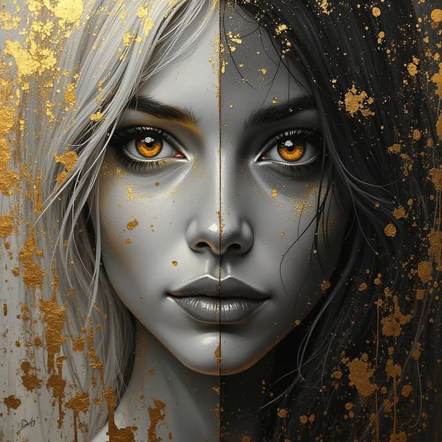 perfect and detailed realistic image representing emotions, look in love, representation of the woman of hearts, full figure, hd, half black and white and half color of a painting made with confused brush strokes of gold and silver, artistic style effect and mystical effects around her. Acrylic style background