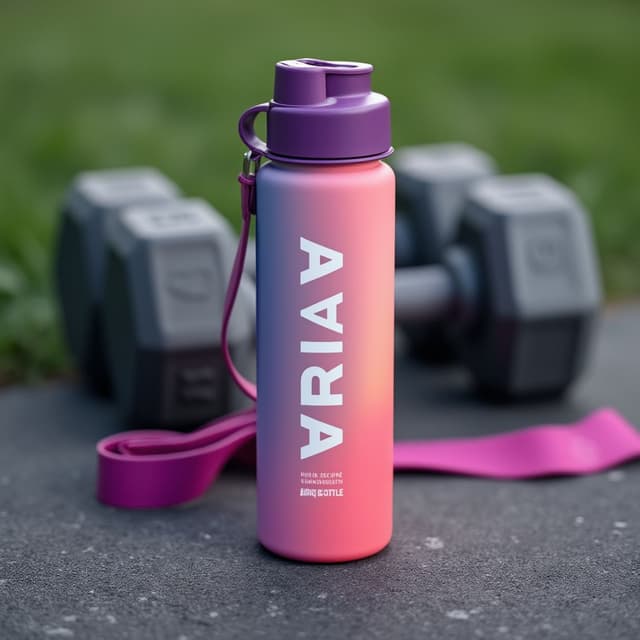 A vibrant, gradient-colored water bottle, with the text "ARIA BOTTLE" in bold, white letters, rests on a gray textured surface. The water bottle is a mix of pinkish-purple and soft peach colors, transitioning smoothly from one to the other, creating a ombre effect. It has a purple lid and strap, and the design is a blend of hyperrealistic and slightly impressionistic aesthetics.  In the background, blurred weight training dumbbells are visible, with their dark gray/black color. A vibrant mauve/pink resistance band lies across the lower part of the image. The scene is set within a gym or fitness environment, with a grassy green out-of-focus background as a backdrop.  Focus on the water bottle with the resistance band and dumbbells slightly out of focus/blurred.