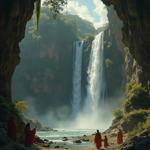 Cataract Mythological Landscape Theater: Create a theatrical performance that incorporates a waterfall into a mythological landscape, using ancient symbols, motifs, and mythological figures to create a rich and meaningful tapestry of cultural and historical significance