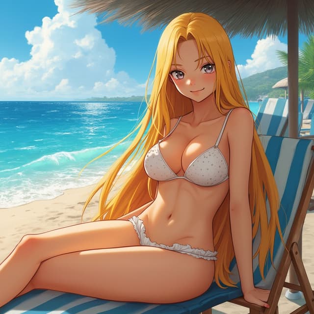 Beautiful young blonde woman, long hair longe legs, big breast sitting on the sunbed in Spain seaside, kushina Uzumaki.