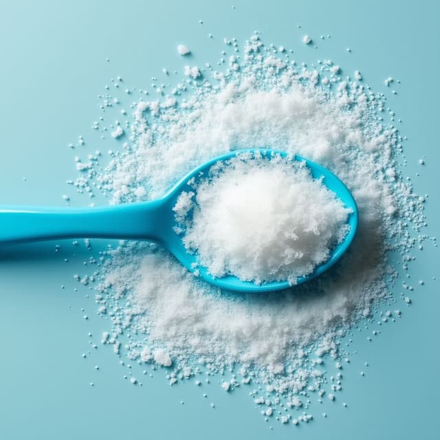 a top view of matte blue plastic spoon with sugar on it placed text to deserts and other food items.overall setting is bright, minimal