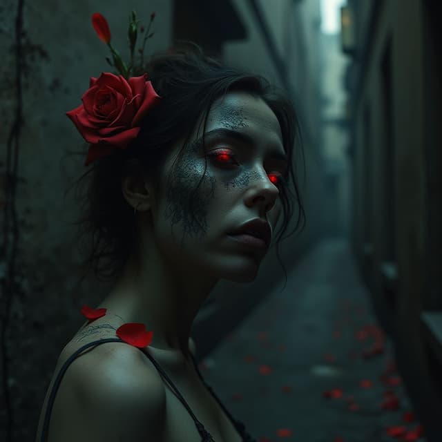 In the dimly lit, velvety blackness of a forgotten alley, a lone figure emerges from the shadows. A woman's face is a topographic map of wrinkles and scars, etched into her skin like a reverse-engineered cityscape. Her eyes, two burning stars, are set against a velvet blackness, like two ships passing in the night. A single, crimson rose petals droop from her shoulder, like a crimson droplet of blood, as she falls into the darkness. A curl of smoke is the only visible thing, curling and unraveling like a serpent's spine, as she disappears into the abyss.