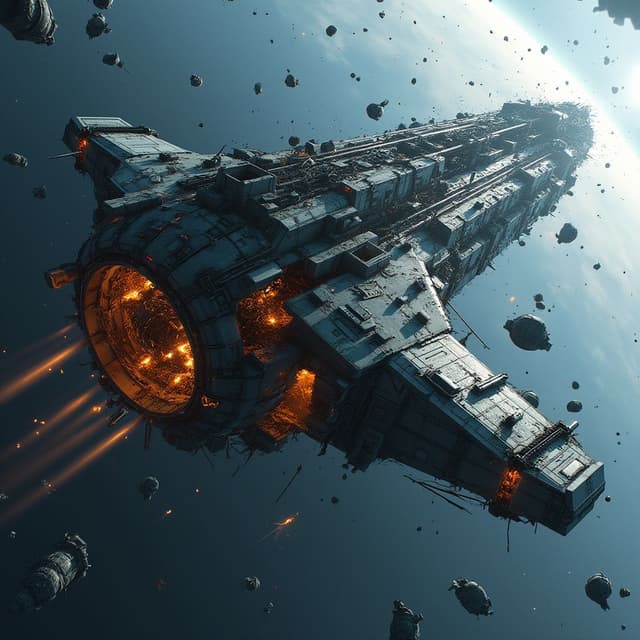 A massive space station floats in ruins, its structure torn apart by a recent space battle. Jagged debris drifts around it, with the faint glow of fires burning in the oxygen pockets within the wreckage. Twisted metal frames and shattered glass panels reflect the distant light of a nearby star, while the remnants of defense turrets lie scattered and silent."