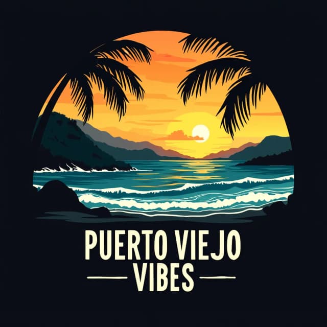 Create a modern and vibrant tropical logo that captures the essence of "Puerto Viejo Vibes" brand.
The design features a sunset over the ocean, with warm gradients of orange and yellow blending into the sky.
In the foreground, a silhouette of a gently curving palm tree frames the scene, adding depth. 
Cool blues and teals form the ocean waves, while distant hills are shaded with lush, deep greens.
The typography should be clean, complementing the smooth curves of the landscape and natural elements. Use a black background to provide contrast and make the bright, tropical colors pop, evoking a lively beach atmosphere with an artistic touch.
The logotype words are: 'Puerto Viejo Vibes' in o e single line, without any other text before, after, above or below.