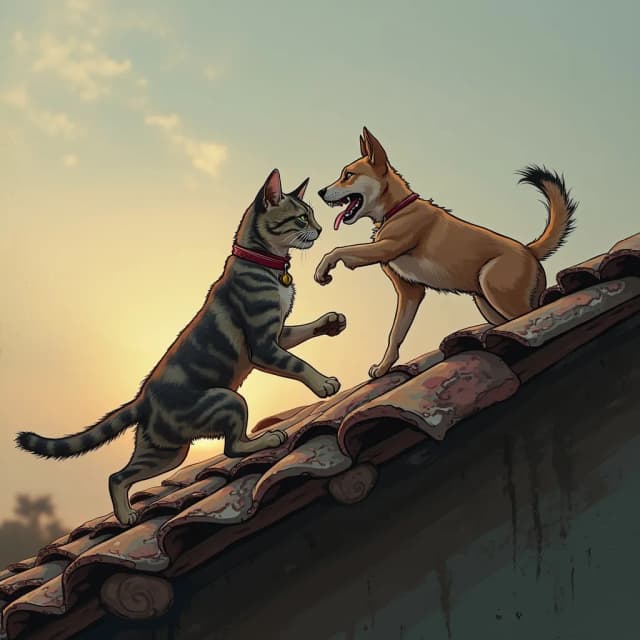 Please creat an image for me which shows cats and dogs fighting each other on the top of the roof in pakistan