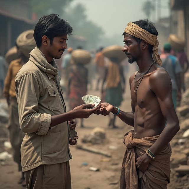 A highly detailed, photorealistic scene at a bustling construction or labor site in India. A young man, dressed in casual traditional attire, is handing over small, neatly folded currency notes to a worker. The worker is wearing simple, weathered clothing, representing a typical Indian laborer, with visible humility and gratitude on their face. The background features workers actively engaged in tasks, such as carrying baskets or materials, capturing the dynamic essence of an Indian labor setting. The setting should showcase earthy tones, raw textures, and the vivid vibrancy of a hardworking community. Ensure the cash is appropriately sized and clearly visible in the man's hand, while maintaining realism
