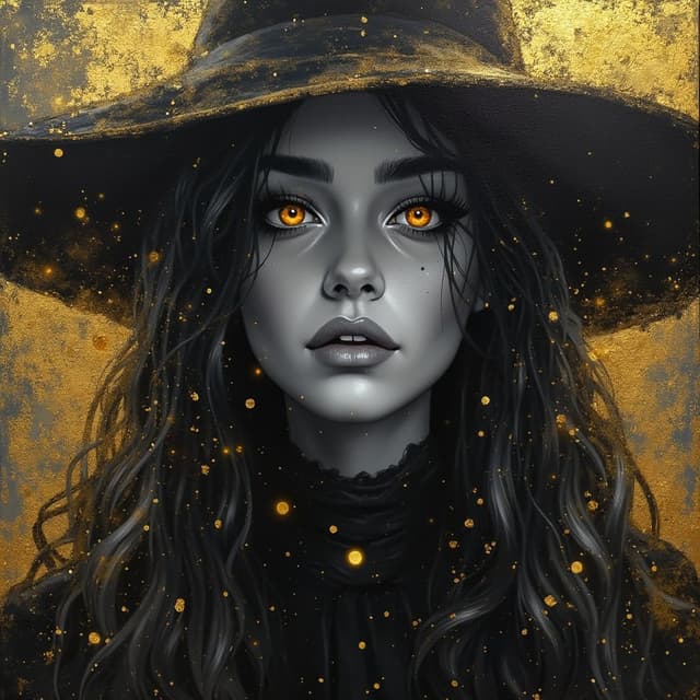 perfect and detailed realistic image of a beautiful brunette woman with gray skin, dark style witch clothing, perspective view, hd, red and yellow eyes, golden glitter effect light rays surrounding the woman, half black and white and half color of a painting made with gold and silver blurred brush strokes with yellow eyes, graphic effect and artistic and mystical style. Acrylic style background