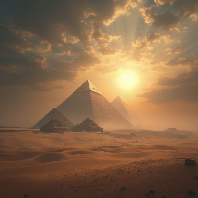 Concept:
A cosmic backdrop showing a vast desert with the pyramids of Giza in the distance. The sky above is dramatic, with shifting clouds and the sun beginning to set, symbolizing the passing of time and the coming of a new force. The image should have an ethereal glow, with a subtle hint of mystery, as if something is about to disrupt the peaceful balance. You can include faint images of Egyptian gods (such as Horus or Osiris) faintly visible in the sky, subtly implying that they are watching over the world
