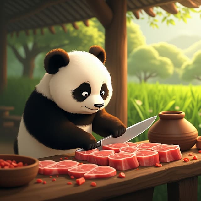 The fluffy chef panda cuts thin slices of meat (or tofu) with a sharp knife. It focuses intently on the task, ensuring precision with each slice. The lush green fields and the clay stove are softly lit in the background.
Animation Prompt: The fluffy chef panda slides the knife through the meat or tofu with careful, smooth motions.